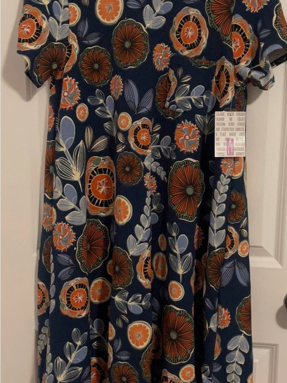 LuLaRoe Carly Navy Floral High-Low Dress with Orange Accents